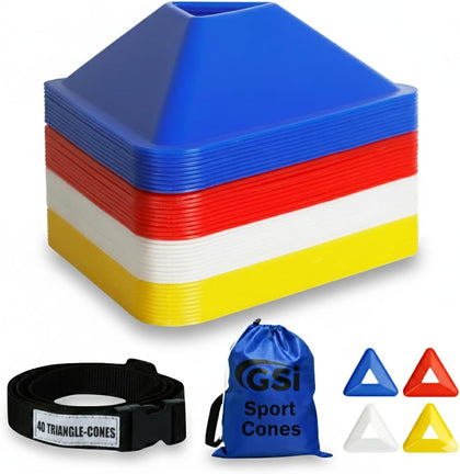 GSI Triangle Soccer Cones | Triangular Agility Cones with Carry Strap | 40 Pack