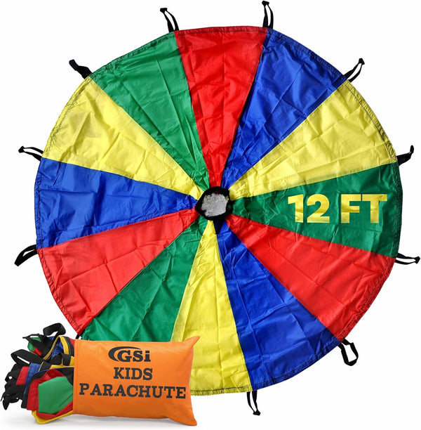 GSI Kids Play Parachute 12 Feet | Rainbow Parachute with 12 Handles & Carry Bag