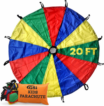 GSI Kids Play Parachute 20 Feet | Rainbow Parachute with 20 Handles & Carry Bag