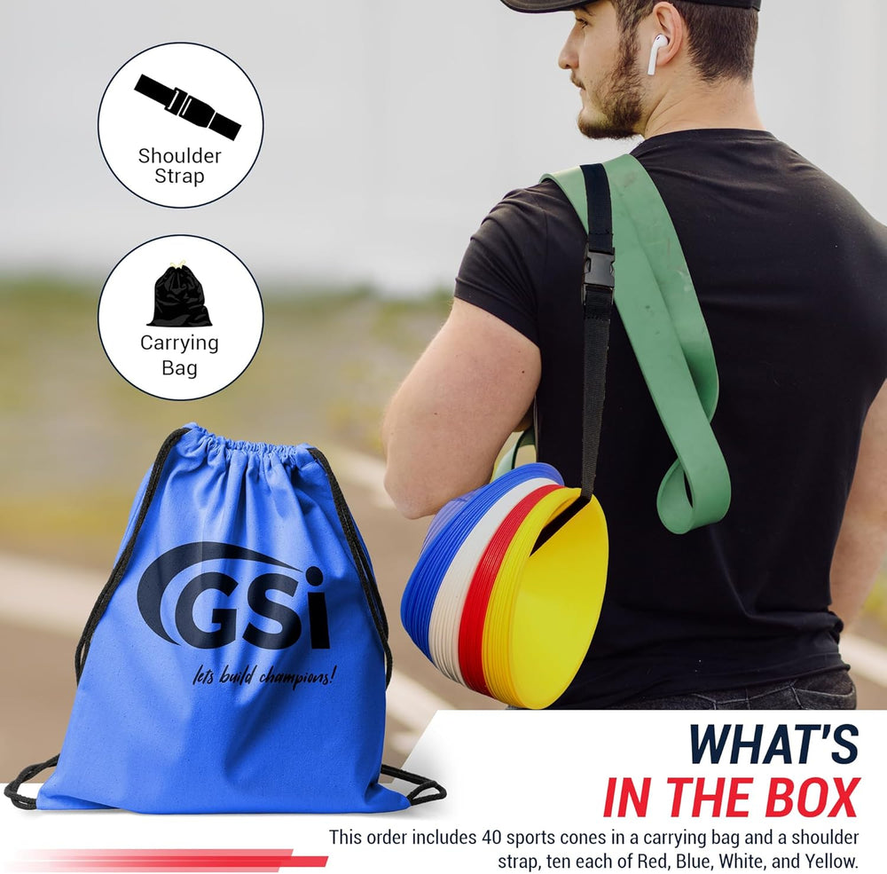 GSI prodisc 8 inch heavyweight soccer cones 40 pack with bag and strap